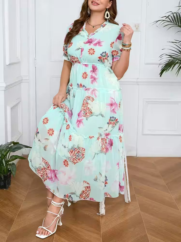 Plus Size Floral Elegant High Waist Chiffon - Women's Fashion - View 3