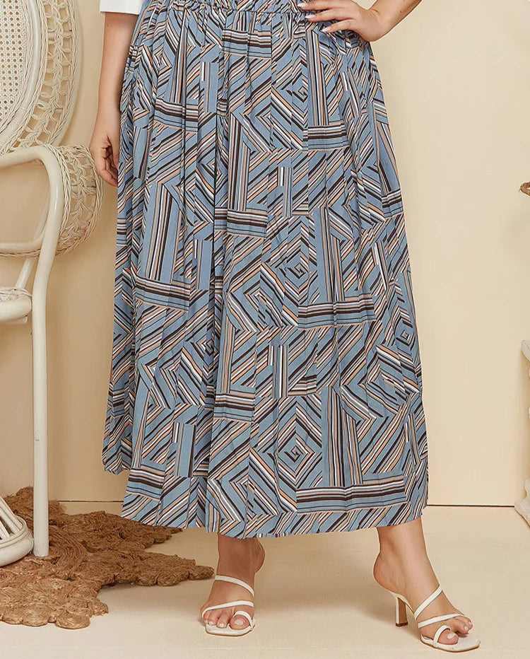 Plus Size Geometric Print Pleated Maxi Long Skirts