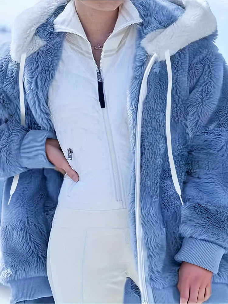 Jacket Plush Zipper Pocket Hooded Long Sleeve