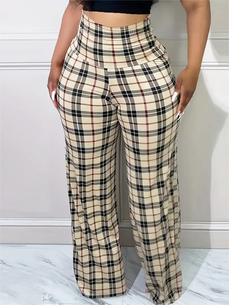 Plaid Wide Leg Pants  High Waist Casual Spring