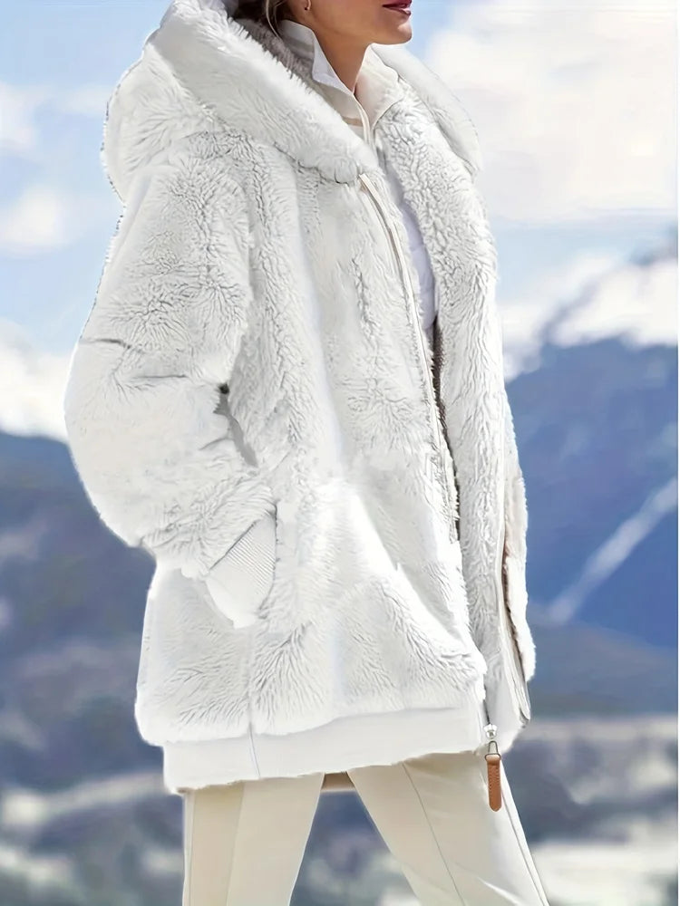 Jacket Plush Zipper Pocket Hooded Long Sleeve