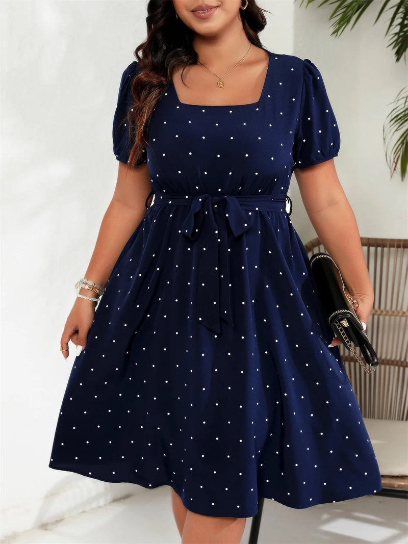 Plus Size Square Neck Polka Dot Belted
