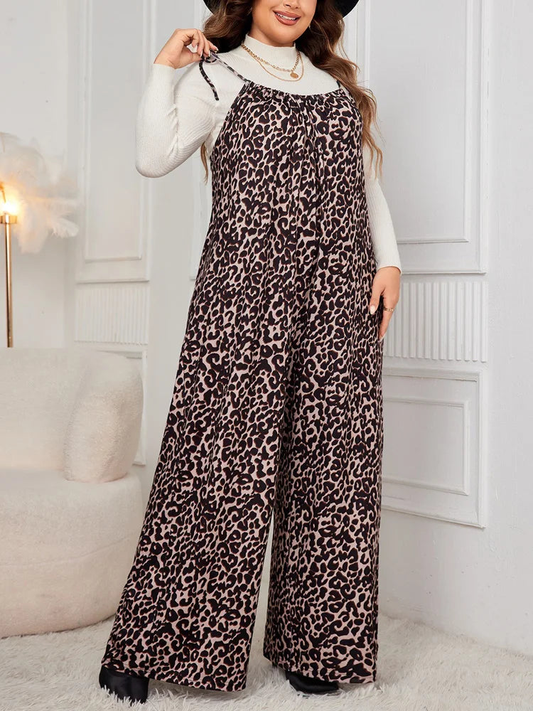 Plus Size Leopard Print Tie Shoulder Jumpsuits