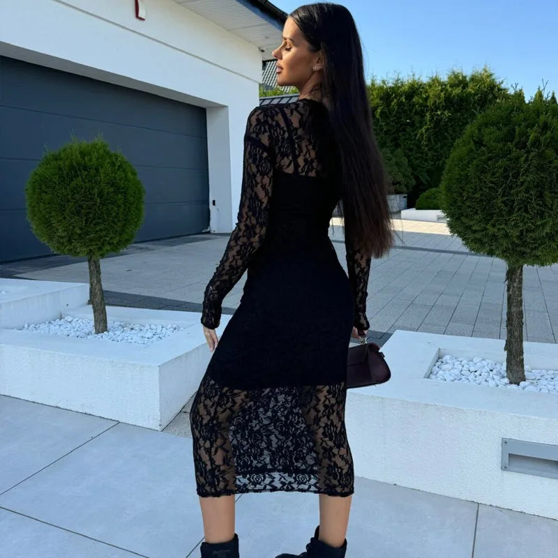 Hollow Out Lace Party Dress Fashion Sexy Printing Slim