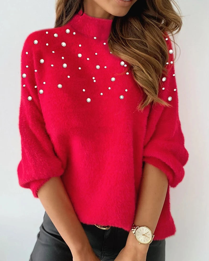 Tops Casual Pearl High Collar Jacket Pullover