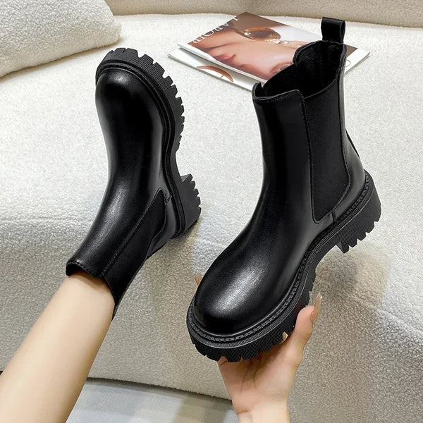 Leather Platform Short Boots Slip Elastic