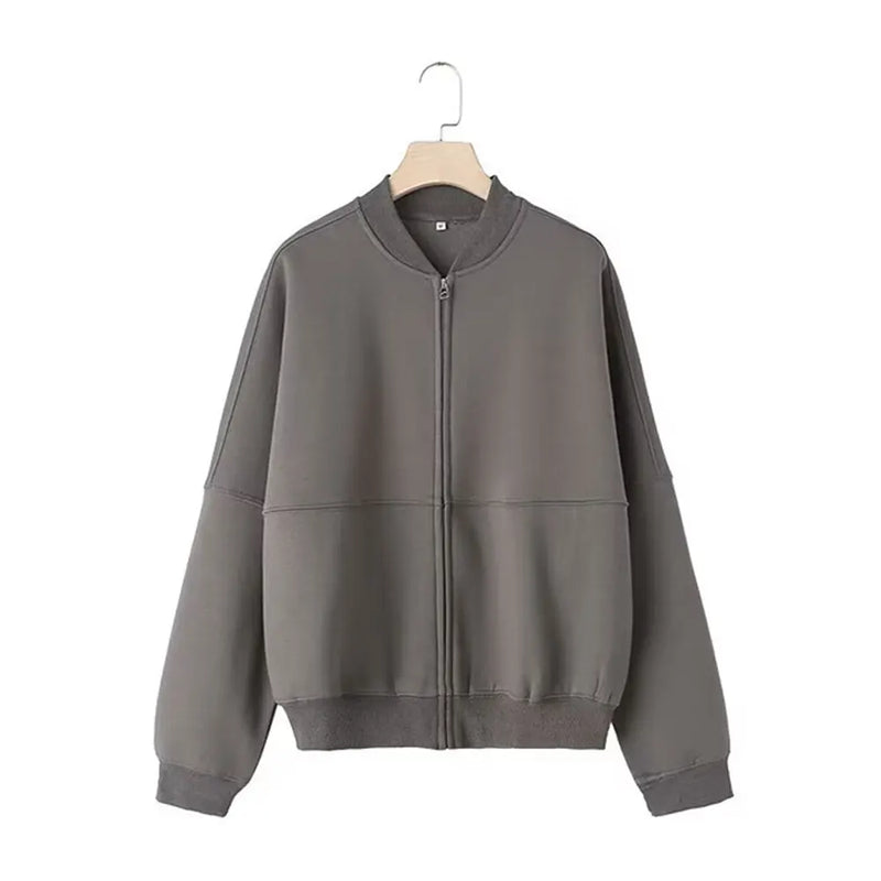 2-piece Retro Solid Color Zipper Bomber Jacket