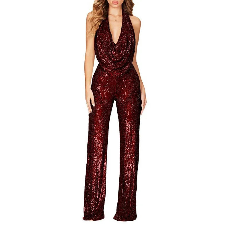Sexy Folds Deep V-neck Sequin Jumpsuits Slim