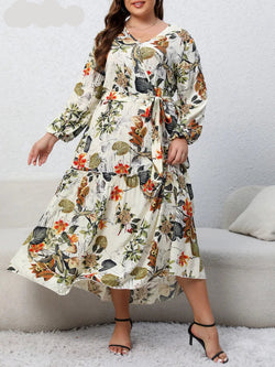 Plus Size Floral Print Belted Dress Spring