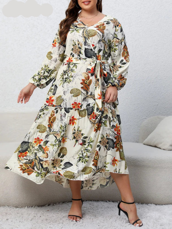Plus Size Floral Print Belted Dress Spring