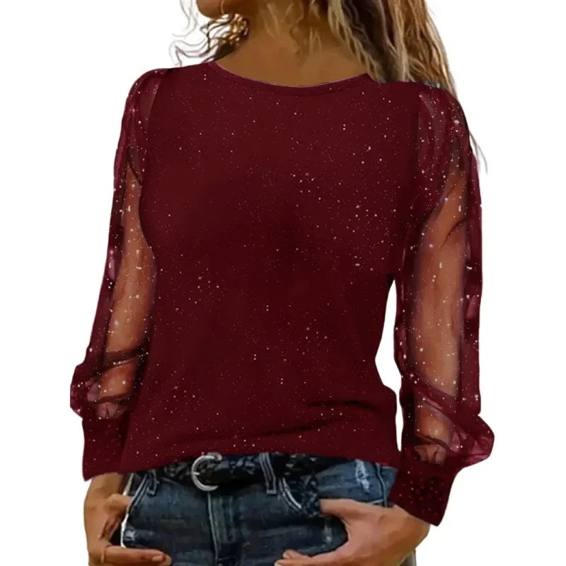 Blouse Glitter Puff Sleeve Sheer Mesh Print