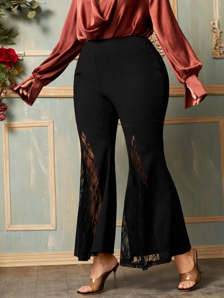 Plus Size Casual Black High Waist Lace Flare Leggings Sexy