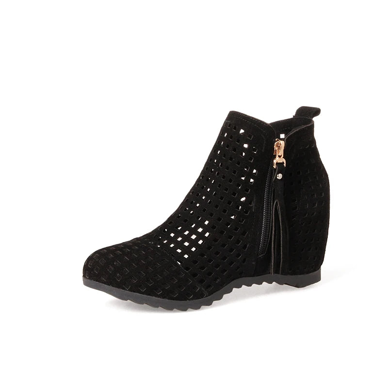 Boots Flat Low Hidden Wedges Cutout Zip