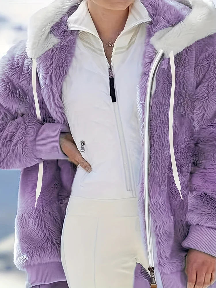 Jacket Plush Zipper Pocket Hooded Long Sleeve