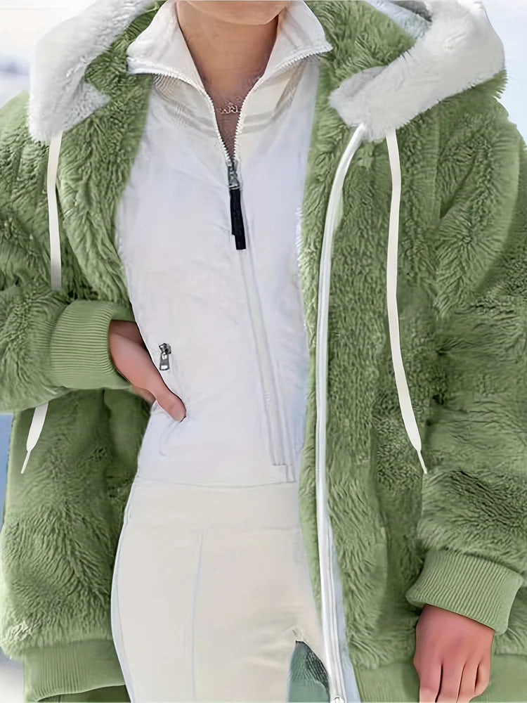 Jacket Plush Zipper Pocket Hooded Long Sleeve