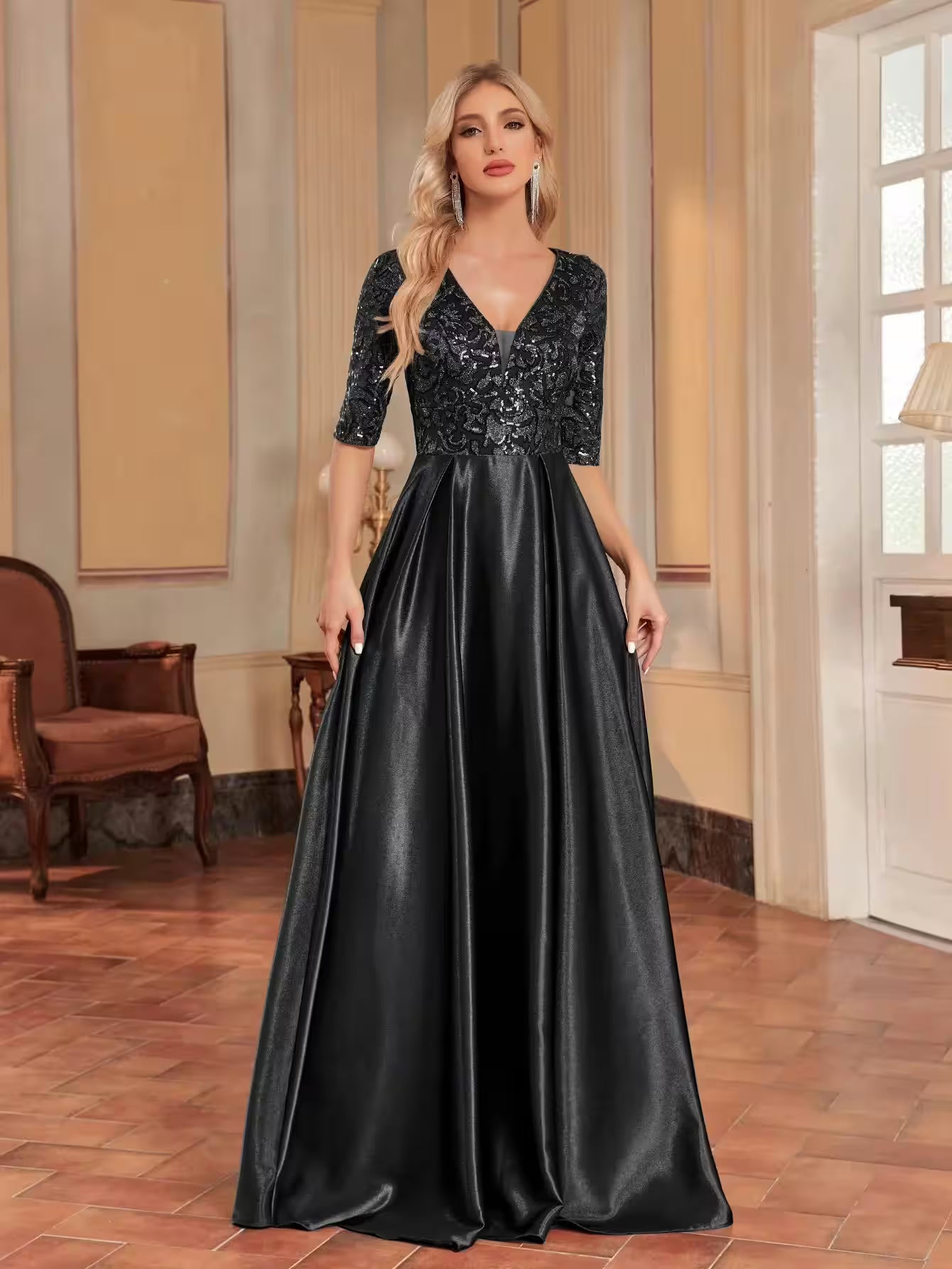 Luxury Short Sleeve Green Satin V-Neck Dress - Additional View 7