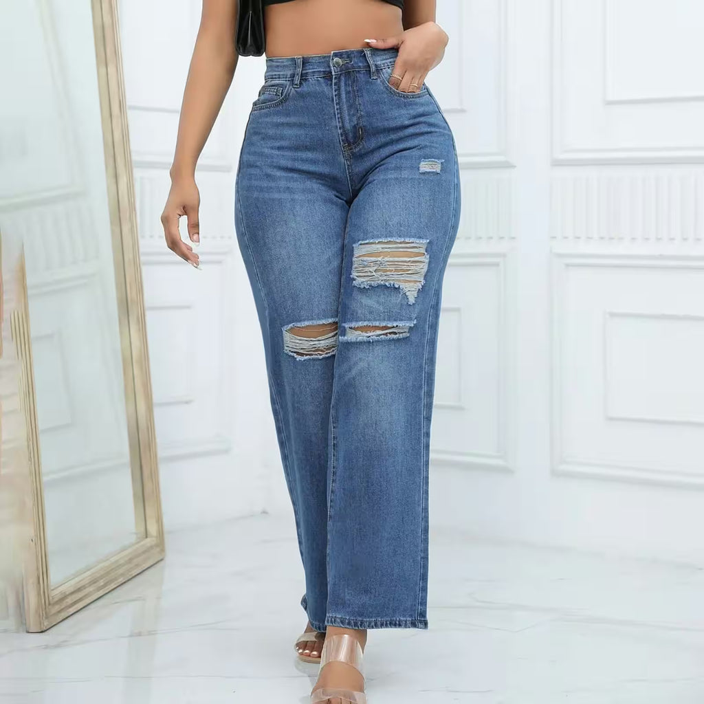 Pants - Jeans Draping Straight Leg Stretch Hole