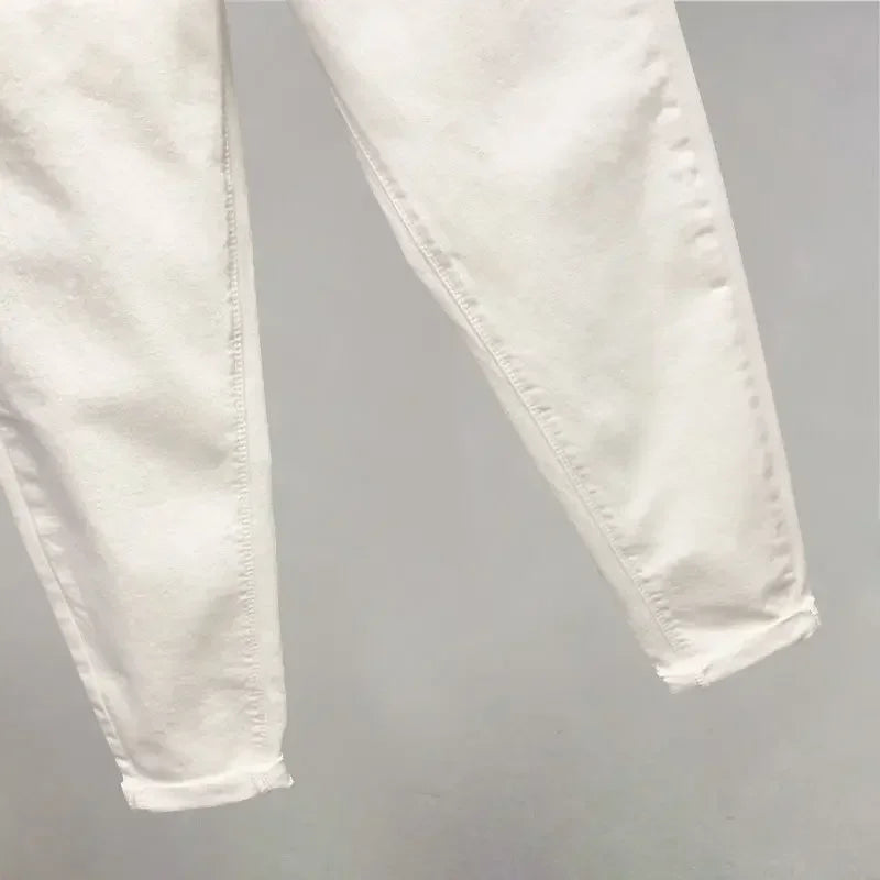 Jeans White High Waist Skinny Cropped Tappered Casual Pantalones