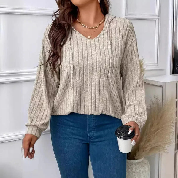 Plus Size Top V-neck Hooded Long Sleeved