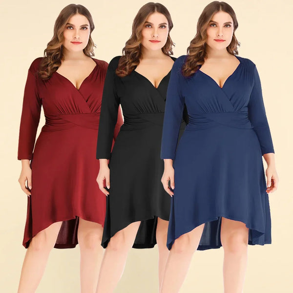 Plus Size V-Neck Waist-Fitted Pleated