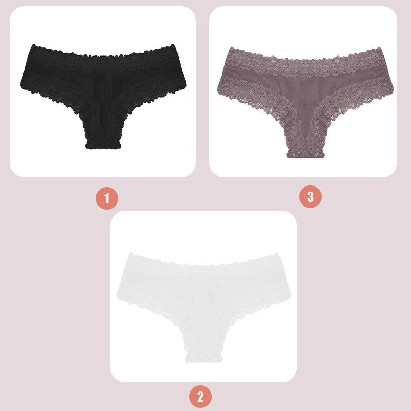 3PCS Lace Seamless Cotton Panties Ribbed Brazilian
