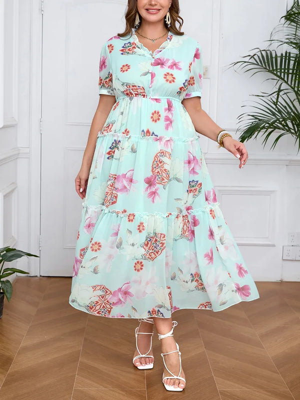 Plus Size Floral Elegant High Waist Chiffon