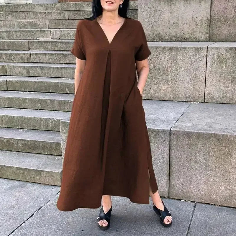 Plus Size Fashion Dress V-neck Solid Color Casual