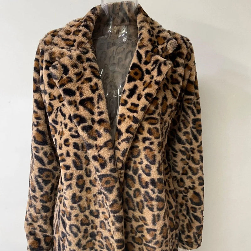 Autumn Winter Leopard Print Faux Fur Coat Long Sleeve
