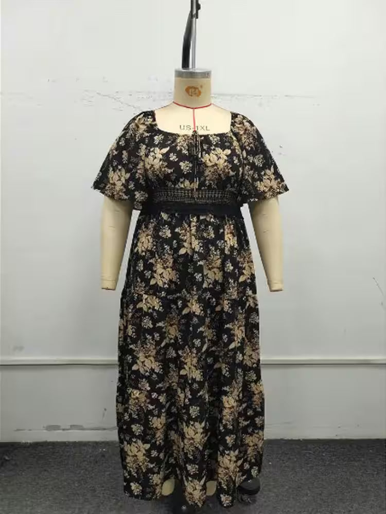 Plus Size Square Neck Floral Print Maxi Dress - Women's Fashion - View 5