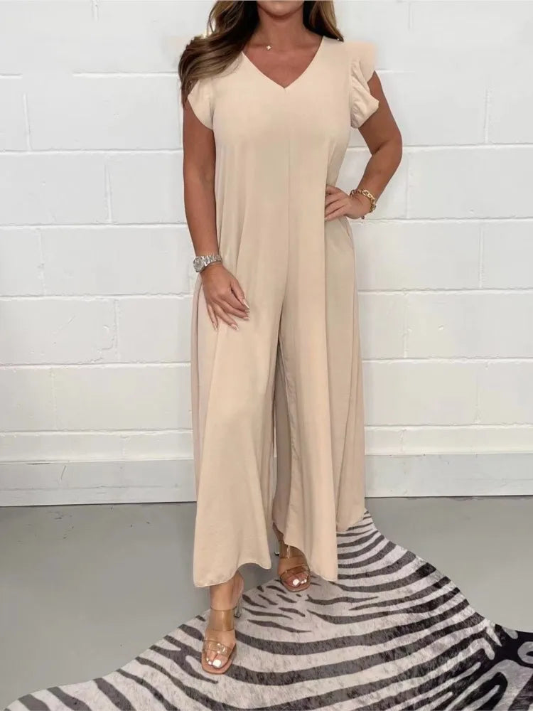 Ruffled Wide-leg Trousers Solid Casual Jumpsuit