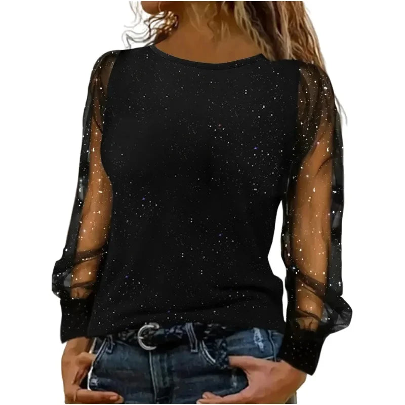 Blouse Glitter Puff Sleeve Sheer Mesh Print