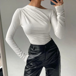 T-Shirts Basic Crop Top Autumn Pollover Solid Skew Neck