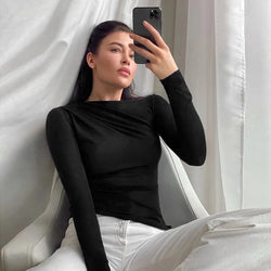 T-Shirts Basic Crop Top Autumn Pollover Solid Skew Neck