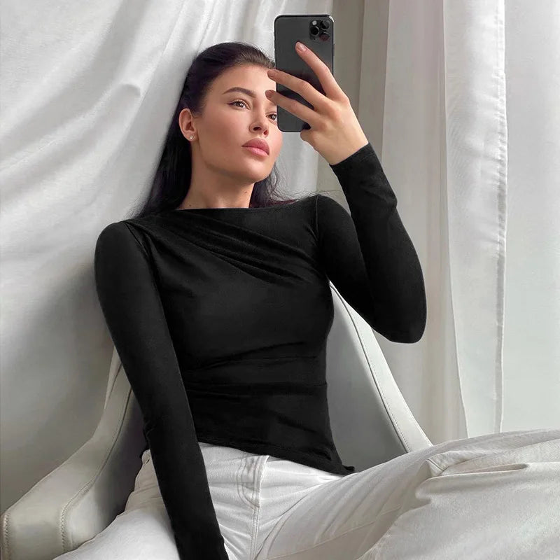 T-Shirts Basic Crop Top Autumn Pollover Solid Skew Neck