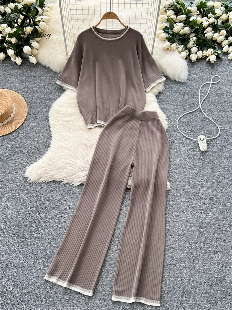 Short Sleeves Loose Top+High Waist Wide Legs Pants