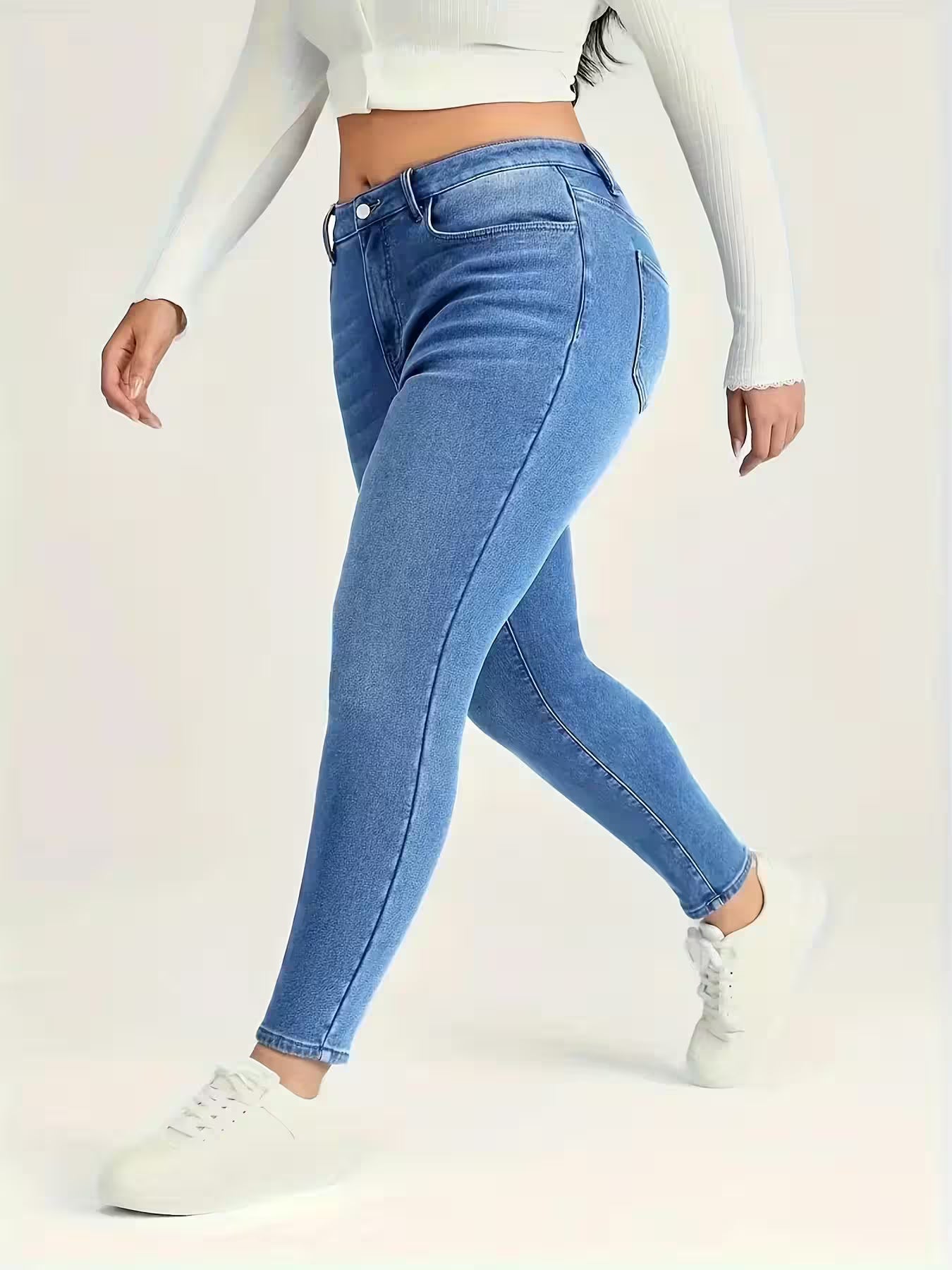 Plus Size Washed Blue Jeans High Waist - Women's Fashion - View 5