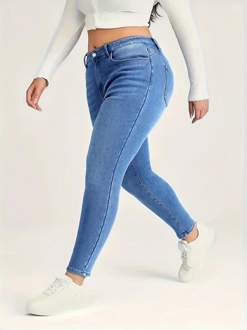Plus Size Washed Blue Jeans High Waist