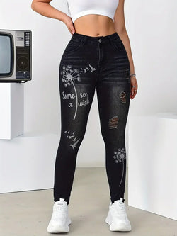 Stretch Trousers Slim Fit Jeans Print Flower Casual Fashion