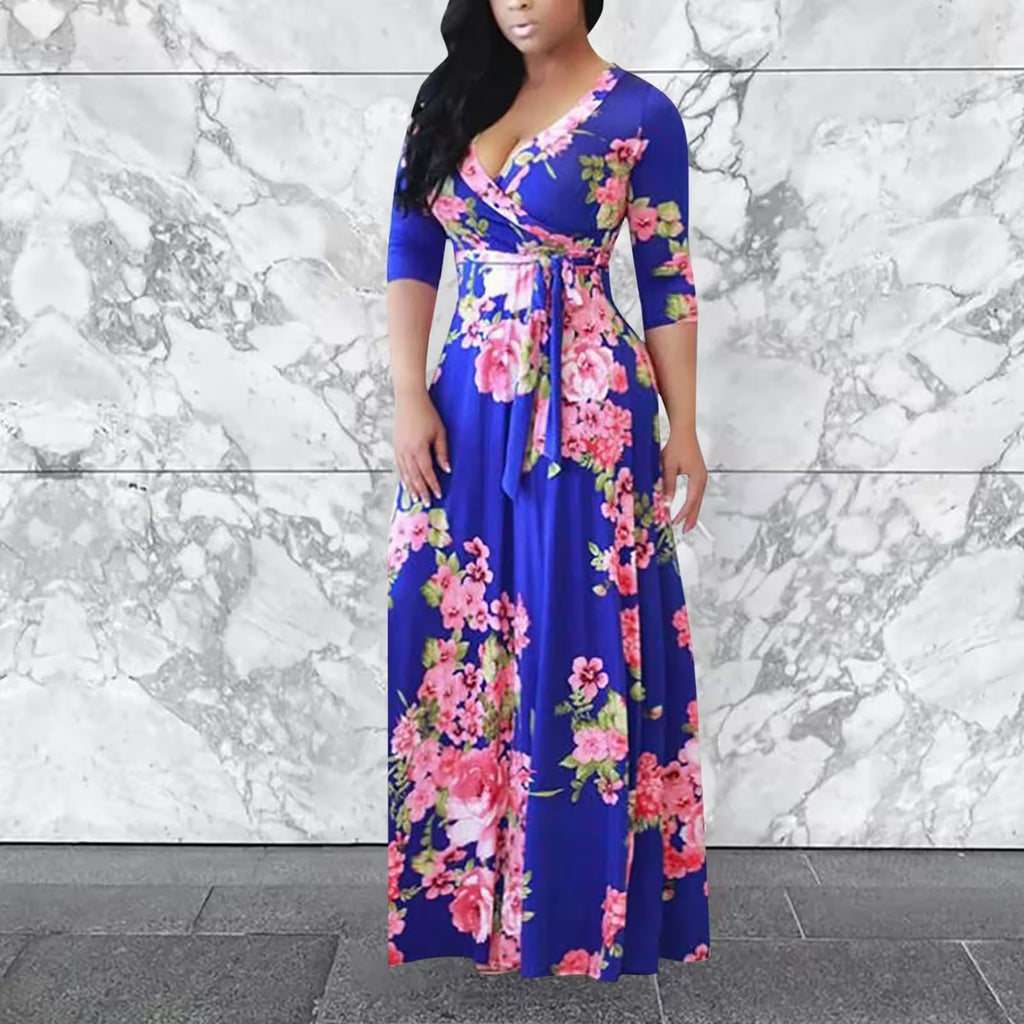 V Neck Short Sleeve Floral Midi Dress Sexy - Additional View 6