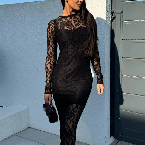 Hollow Out Lace Party Dress Fashion Sexy Printing Slim