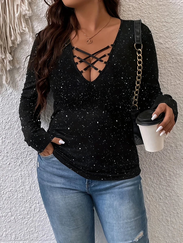 Plus Size Glitter Criss Cross Deep V Neck Long Sleeve