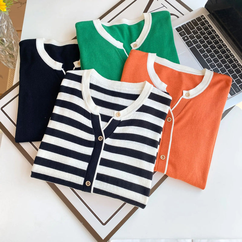 Plus Size  V-Neck Stripe Knitted Pullover