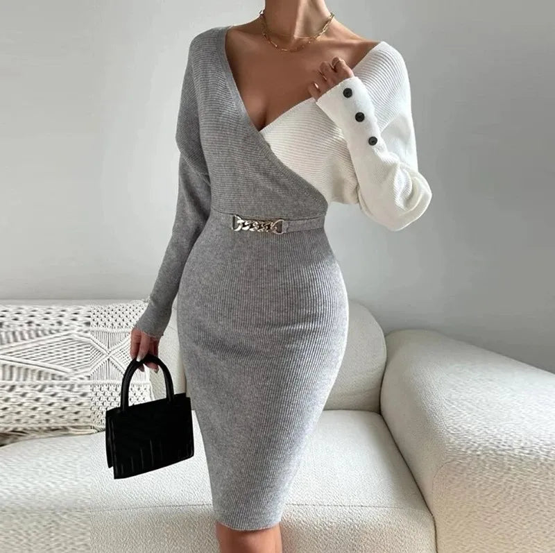 V-neck Splice Fashion Slim Fit Sexy Dress