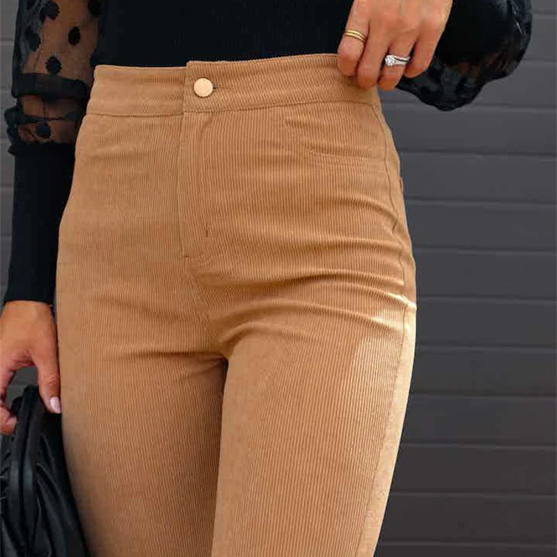 Casual Trousers Autumn Winter Solid High-waist Flare
