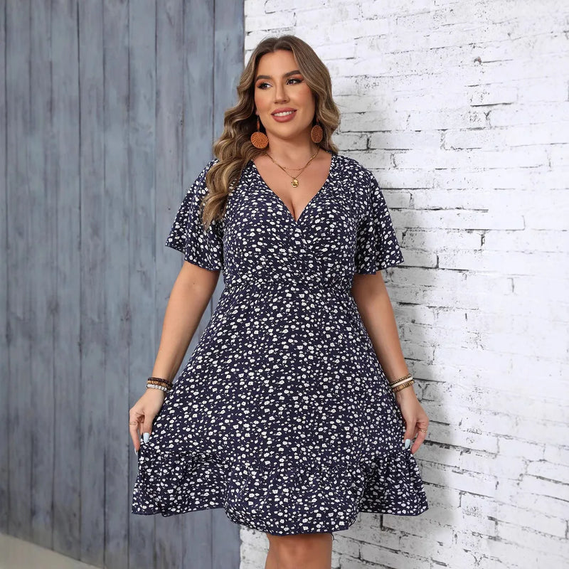 Large-size Floral Short-sleeved Package V-neck A-line Dress