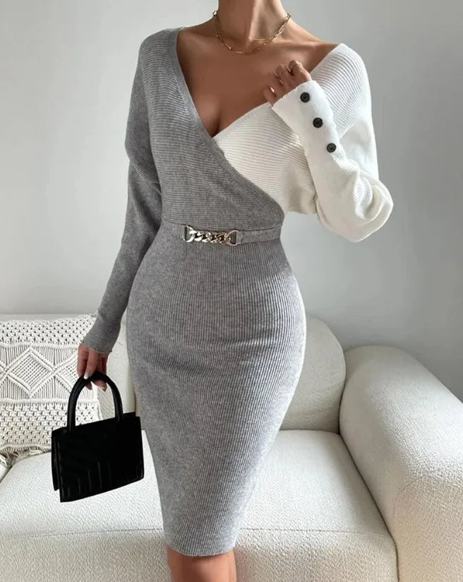 V-neck Splice Fashion Slim Fit Sexy Dress
