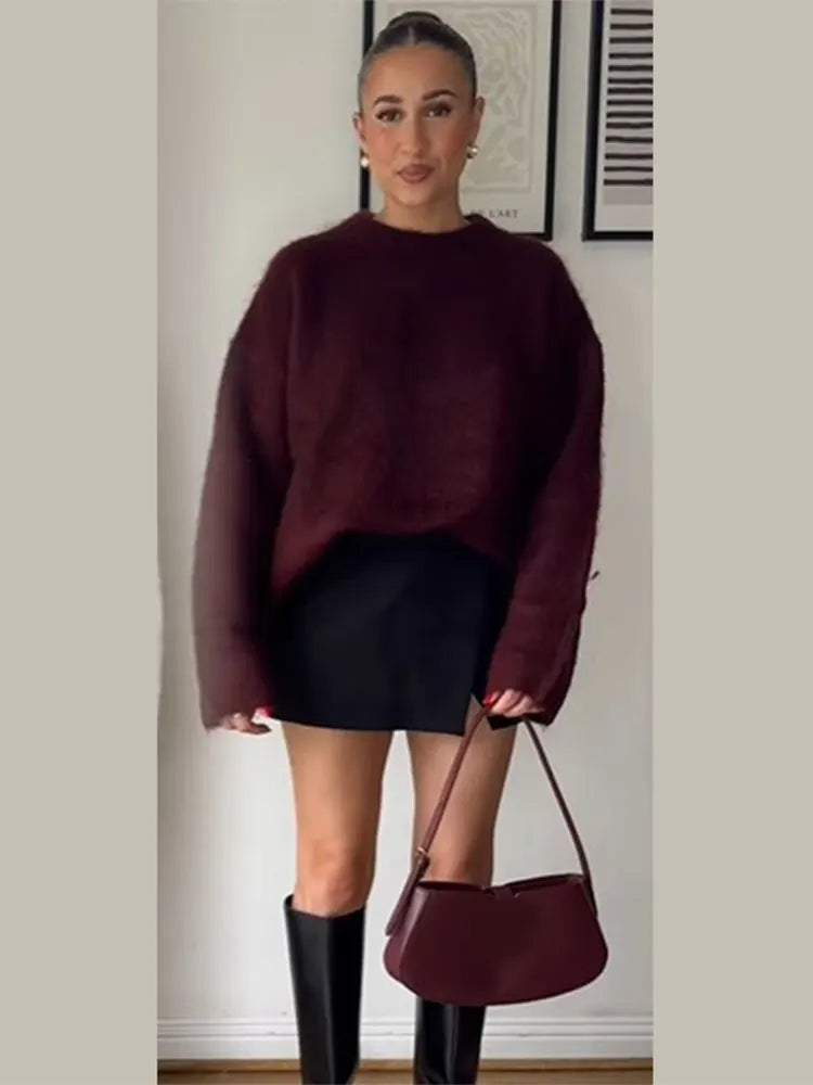 Elegant Fuchsia Full Sleeve O Neck Sweater Lady Fashion