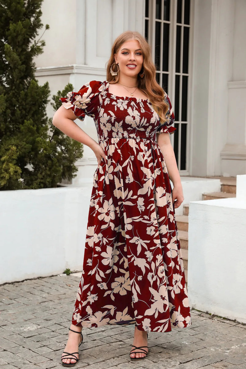 Plus Size Square Collar Dress Floral Print Fashion