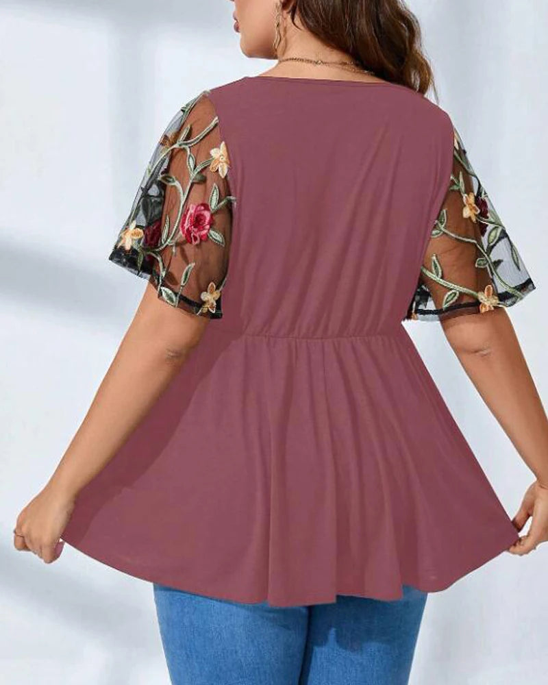 Plus Size  V-neck Casual Mesh T-shirt