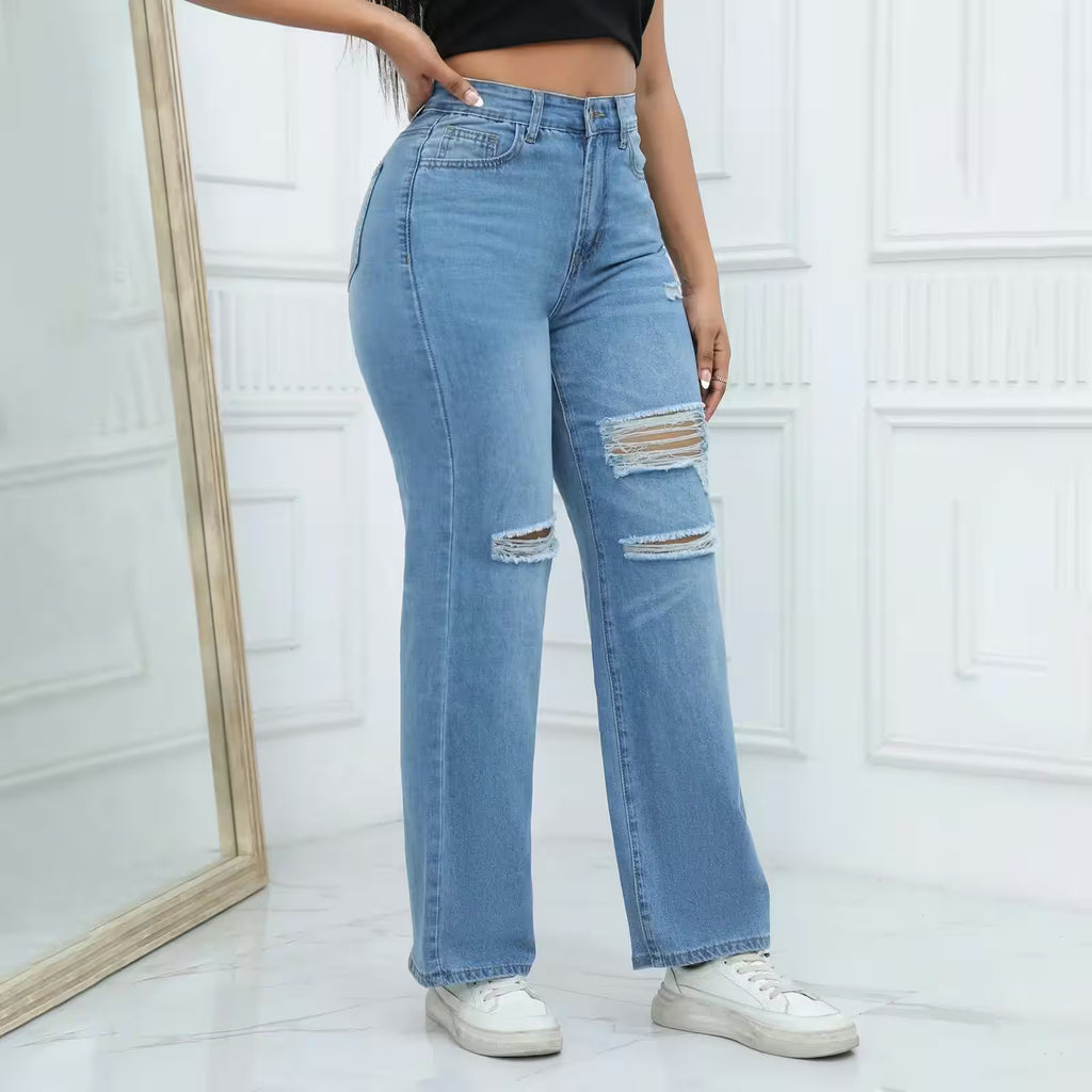Jeans Draping Straight Leg Stretch Hole - Additional View 4